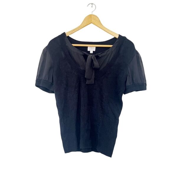 Cleo Petites Black Short Sleeve Round Neck Tie Detail Blouse - Picture 4 of 5